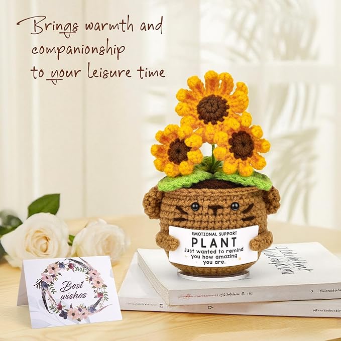 Positive Sunflower Doll Crochet with Card, Inspirational Gifts for Mother's Day Coworker Teachers Women Men Friend Daughter, Emotional Support Crochet Appreciation Gifts for Mom Birthday
