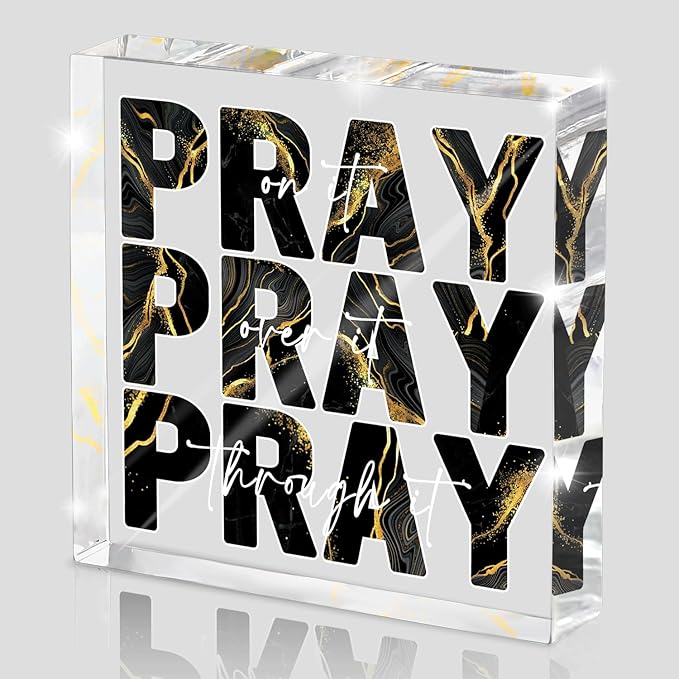 Black Gold Desk Decorations for Office, Ideal Christian Gifts for Women - Pray On It,Pray Over It - Bible Verse Desk Art, Inspirational Decor, Dorm Room Decor for Women, 4 x 4 inches(Black Gold)