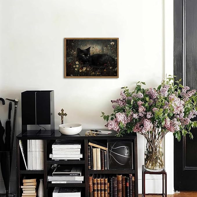 Framed Vintage Black Cat Canvas Wall Art, Gothic Dark Academia Cat Pictures Wall Decor, Moody Floral Animal Paintings Prints Cottagecore Home Decor for Living Room Bedroom Bathroom 12x16 inch