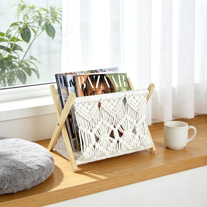 Boho Macrame Magazine Holder,Hand-Woven Magazine Rack for Home Office Desktop, Storage Basket for Letters, Magazines, Books and Newspapers (White)