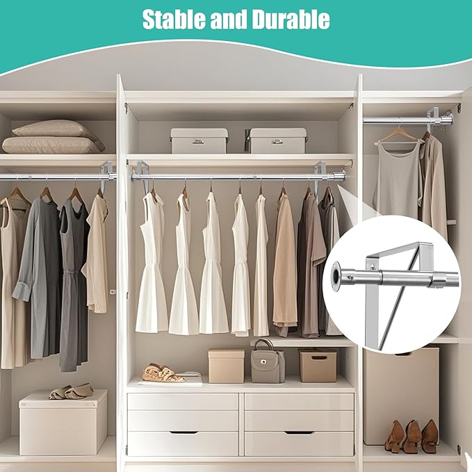 Closet Rod, 16 to 87 Inch Closet Rods Heavy Duty Adjustable Wardrobe Poles for Hanging Clothes and Heavy Duty Bracket Closet Pole Support (The Shelf NOT Included)(Silver)