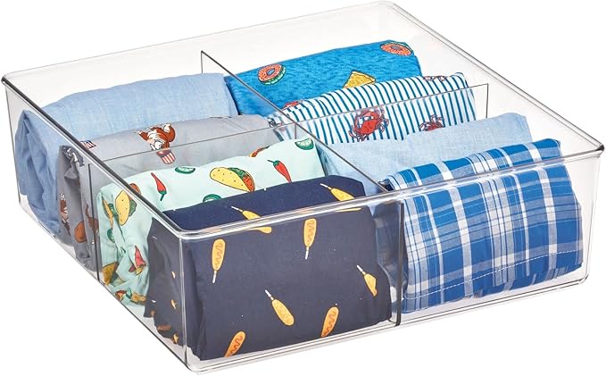 mDesign Plastic 4 Compartment Divided Drawer and Closet Storage Bin - Organizer for Scarves, Socks, Ties Bras, and Underwear - Dress Drawer Organizer, Shelf Organization - 2 Pack - Clear