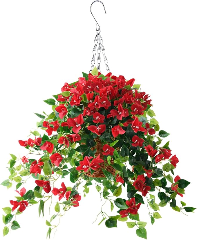 Homsunny Artificial Hanging Flowers Plants Basket for Outdoor Decoration,4 PCS Faux Silk Bougainvillea Vine Flowers Look Real UV Resistant for Outside Porch Patio Yard Garden Decor(Red)