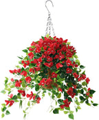 Homsunny Artificial Hanging Flowers Plants Basket for Outdoor Decoration,4 PCS Faux Silk Bougainvillea Vine Flowers Look Real UV Resistant for Outside Porch Patio Yard Garden Decor(Red)