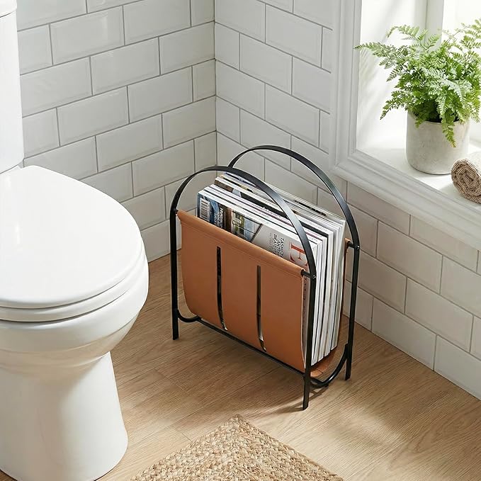 MyGift Black Metal and Caramel Brown Leatherette Magazine Rack – Tabletop or Floor Standing Sling Basket for Magazines, Newspapers, and Books