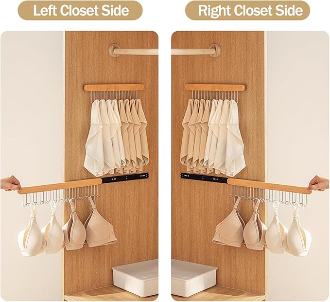 Pull Out Bra Hanger for Closet, Sliding Hooks Rack for Belt Ties Tank Top Scarf Jewelry, Space Saving Organizr for Wardrobe Cabinet, Left & Right Side 12 Hooks Rail, 2 Pcs