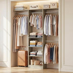 Cyclysio 4FT Small Closet System, 80"H Closet Organizer System with 4 Closets Rods & 3 Shelves, 48" Closets Organizers and Storage for Small Bedrooms, Laundry Rooms, Cloakrooms, White Oak