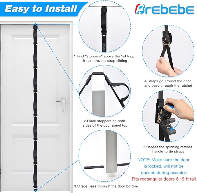 Brebebe Upgrade Door Anchor Strap for Resistance Bands Exercise, Multi Points Anchor Straps with 7 Loops+ 7 D Rings, Home Gym Workout Equipments with Ratchet Adjust Tighten Straps Not Loose, Sturdy