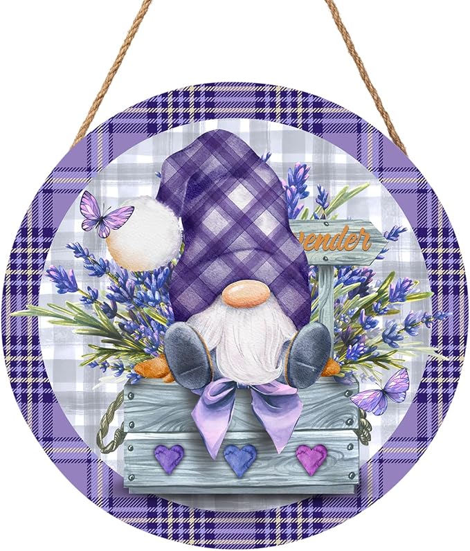 Spring Summer Gnome Lavender Flower Sign for Front Door 12"x12" Purple Floral Buffalo Plaid Wood Door Hanger for Outdoor Outside Porch Spring Summer Farmhouse Wooden Wreath for Wall Porch Yard