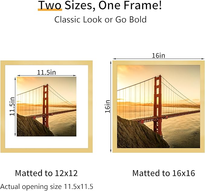16x16 Picture Frame 3 Pack - Gold Poster Frame Display Pictures 12x12 with Mat or 16 x 16 Without Mat for Wall Hanging Horizontal and Vertical
