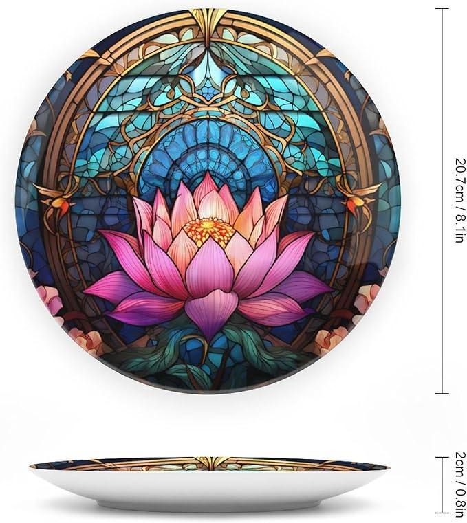 Decorative Plates, Moroccan Water Lily Stained Glass Print Ceramic Dinner Plate Home Wobble-Plate with Display Stand, Wall Hanging Decor for Kitchen Household 8 Inch, Gifts for Lotus Lover