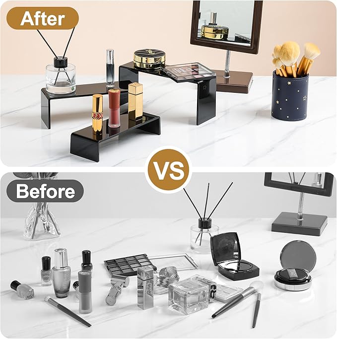ANDGOO 6 Pcs Acrylic Display Risers, 2 Set(7.9”L, 8.3”L, 8.7”L) Rectangular Display Stands, Acrylic Display Shelves for Figures, Perfume Organizer, Cupcake Dessert Table Display Set, Black