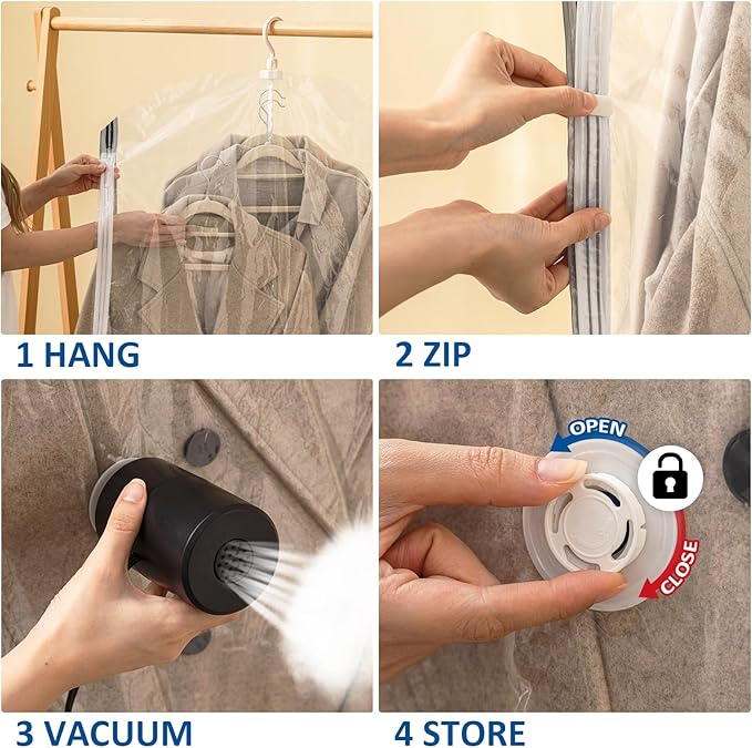 Hanging Vacuum Storage Bags, 6 Pack Hanging Storage Bags for Clothes With Electric Pump, Vacuum Sealed for Suits, Dress, Jackets (3 Long, 3 Short)
