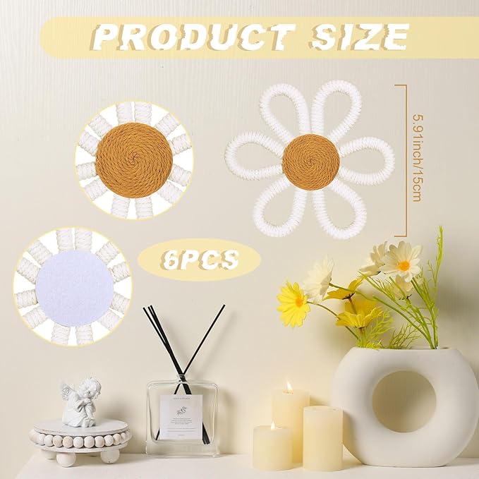 Zeyune 6 Pcs Boho Nursery Daisy Flower Wall Art Decor Woven Macrame Wall Pediments Boho Daisy Floral Nursery Art Decor for Home Bedroom Decorations(White,Yarn and Cotton Rope)