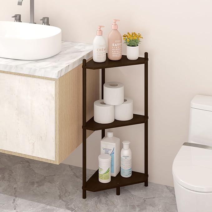 Wisuce Corner Shelf Stand - 3 Tier Bamboo Small Corner Bookshelf, Brown (Color Issue Fixed), for Office Kitchen Bedroom Plant Stand Living Room Decor Small Space