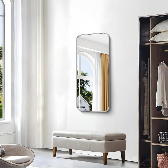 BONEWEI Silver Bathroom Mirror,20x40 inch Wall Mirror for Bathroom Wall Mounted,Rectangle Mirror for Bathroom Over Sink,Modern Frame Round Corner for Living Room,Bedroom Entryway,Horizontal/Vertical