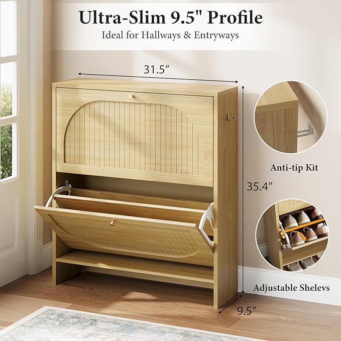 Nicetree Arch-Chic Shoe Cabinet for Entryway, Modern Mid-Century Shoe Storage Cabinet with Fluted, Narrow Shoe Rack with Adjustable Shelves & Tipping Protection, Fits Men's Size 13.5 Shoes