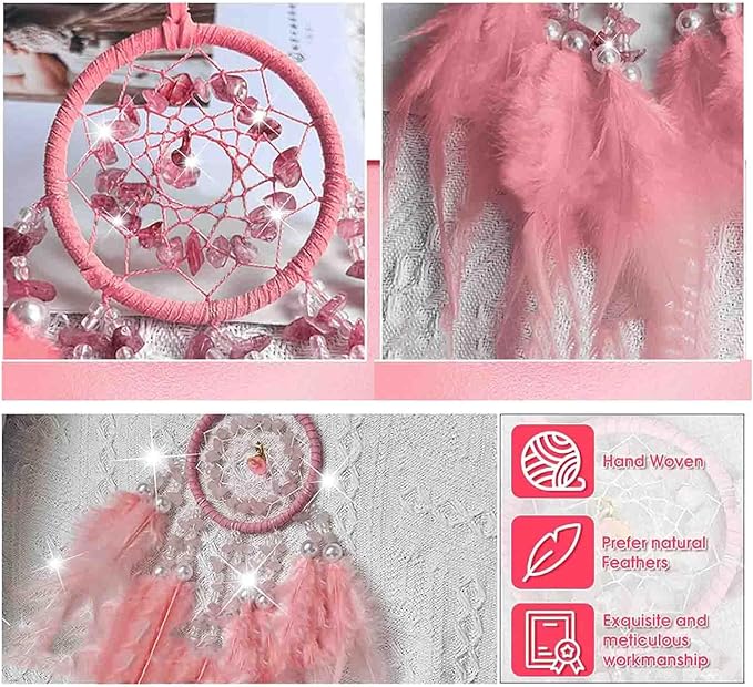 Car Dream Catcher for Rearview Mirror, Hanging Charm, Lucky Ornament Pendant, Interior Accessory (Pink)