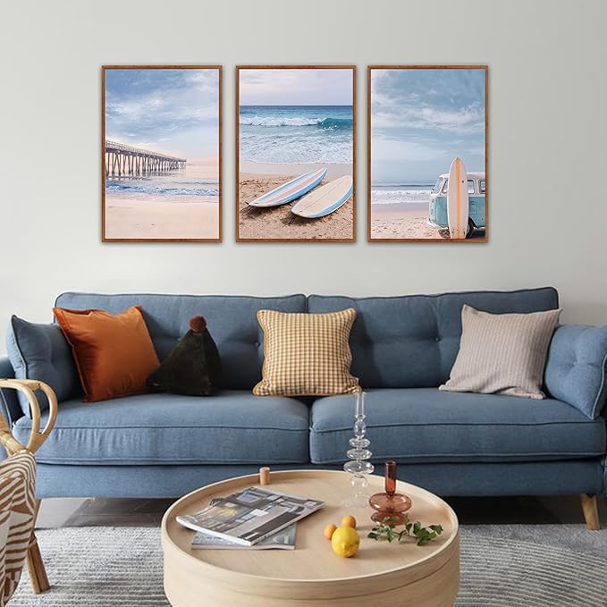 KAlRNE Coastal Beach Wall Art Set of 3(16’’X24’’),Framed Pastel Ocean Canvas Prints with Surfboards,Surf Prints,Neutral Retro Beachy Framed Art Decor for Living Room Bedroom Office