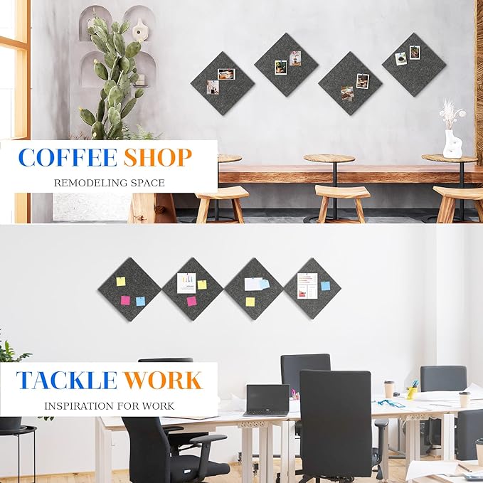 DOLLAR BOSS Felt Cork Board Tiles, 4 Packs 12" x 12" 1/2" Thick Cork Bulletin Board Self Adhesive Acoustic Panels Soundproof Corkboards for Walls with 40 Pushpins for Home Office Kitchen School, Grey