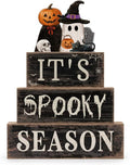 Moucuny 4 Pcs Halloween Table Decoration Pumpkin Ghost Wooden Stacked Block Decor, "It's Spooky Season" Centerpiece Signs, Rustic Gothic Halloween Tiered Tray Decoration for Home Office Kitchen Shelf