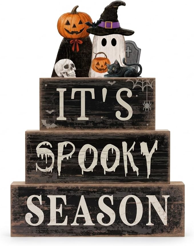 Moucuny 4 Pcs Halloween Table Decoration Pumpkin Ghost Wooden Stacked Block Decor, "It's Spooky Season" Centerpiece Signs, Rustic Gothic Halloween Tiered Tray Decoration for Home Office Kitchen Shelf