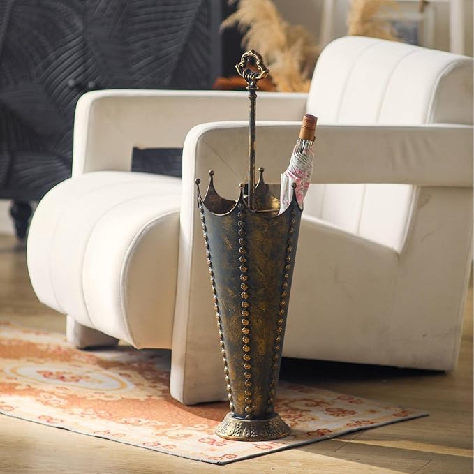 Vintage Metal Umbrella Stand, Antique Crown-Shaped Top, 30.7 Inch Tall, Decorative Rustic Farmhouse Freestanding Entryway, Hallway & Office