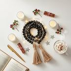Equsion Seasonal Wooden Bead Garland with Tassels, 3.3 ft Holiday Vintage Boho Bead Garland Easter Tray Decoration, Vase Wall Room Art Birthday Party Decoration(Black)