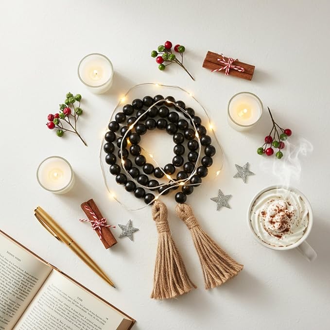 Equsion Seasonal Wooden Bead Garland with Tassels, 3.3 ft Holiday Vintage Boho Bead Garland Easter Tray Decoration, Vase Wall Room Art Birthday Party Decoration(Black)