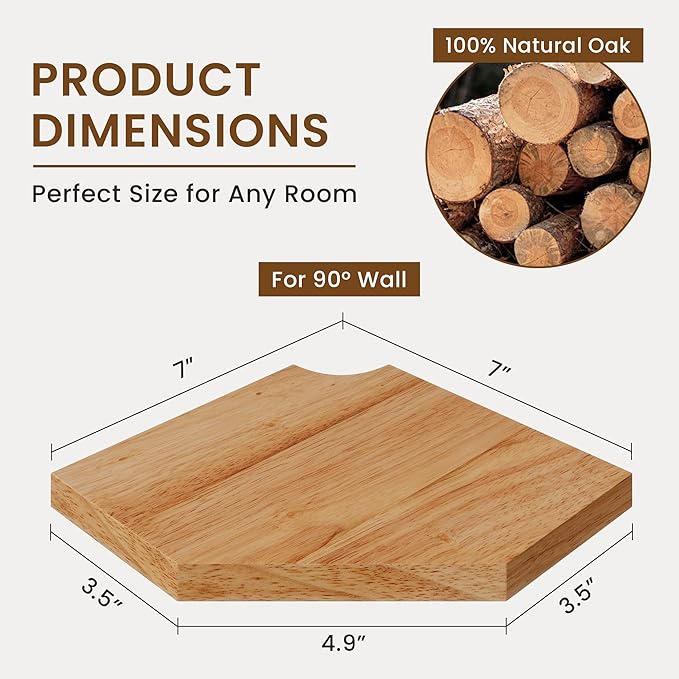 Fun Memories Corner Shelf Wall Mount Set of 2 - Solid Oak Wood Floating Corner Shelf with Cable Hole, 7in Rustic Design for Bedroom, Living Room, Kitchen (Natural)