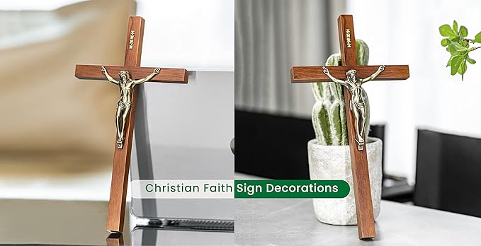 DCCXN Crucifix Wall Cross, Solid Wooden Catholic Jesus Christ Crosses for Home Decor - 12 Inch Oak + Antique Brass