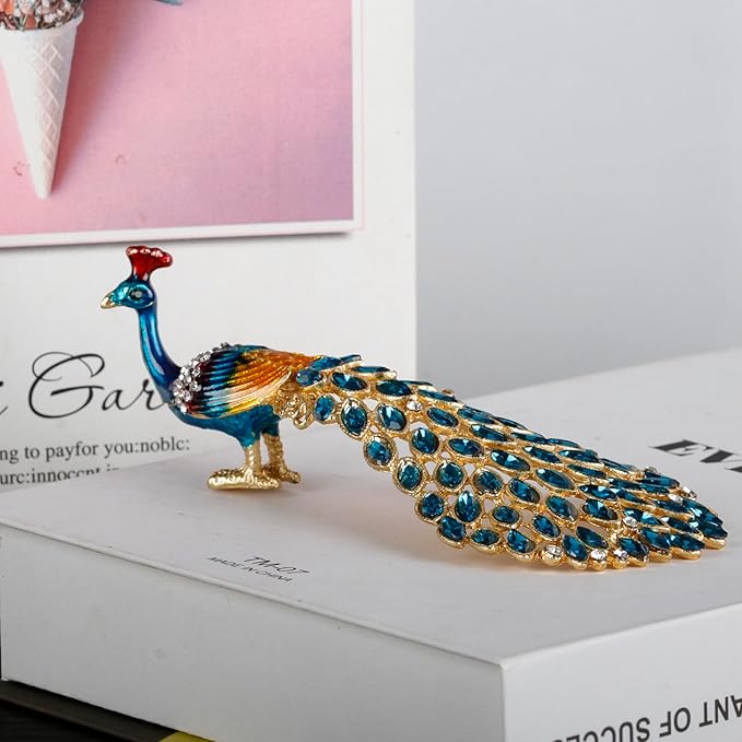 Enameled Peacock Jewelry Box - Hand Painted Collectible Figurine with Crystal Rhinestones, Women and Girls for Rings and Earrings Valentine Decor Gifts