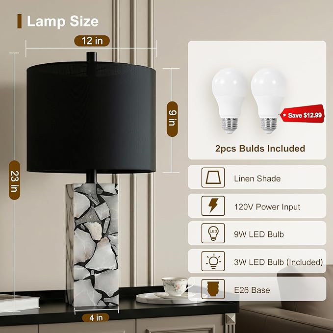 Scenekoy 23" Alabaster Table Lamps Set of 2 with Night Light for Living Room, Rotary Switch, Black Modern Table Lamp with Black Linen Shade, Nightstand Lamp for Bedroom Bedside Office (Bulb Included)