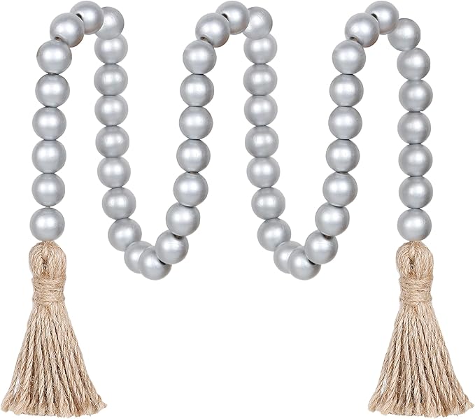 Meplait 39in Wood Bead Garland Farmhouse with Tassels,Versatile Prayer Beads Boho Chic Wall Hanging Home Decor(Silver)