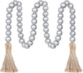 Meplait 39in Wood Bead Garland Farmhouse with Tassels,Versatile Prayer Beads Boho Chic Wall Hanging Home Decor(Silver)