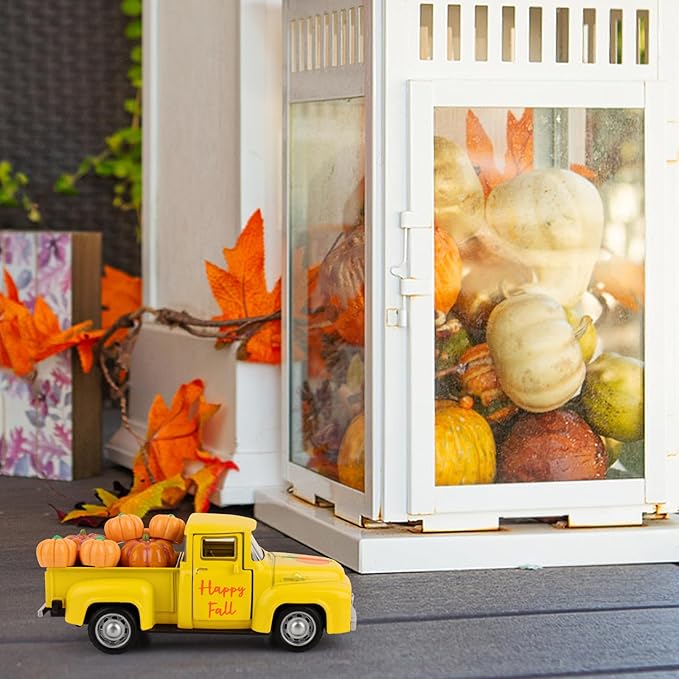 Fall Tiered Tray Decor Pumpkin Metal Truck with 8 PCS Plastic Pumpkin Fall Centerpieces for Thanksgiving Tables Home Kitchen Mantel Shelf Bookshelf Coffee Mini Truck Decorations