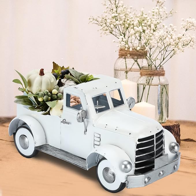 Farmhouse White Truck Decor, Vintage Farm Metal Trucks Decors, Rustic Outdoor Pickup Truck Planter, Indoor Decorative Tabletop Storage, Car Model Gift