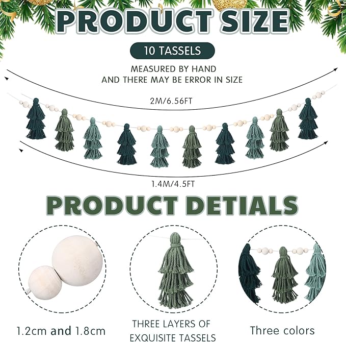Hahafelt Boho Christmas Green Tassel Garland 6.56ft Christmas Tree Yarn Banner with Wood Beads Sage Green Wall Hanging Decor for Cottage Mantel Bedroom Nursery Baby Shower Playroom Decors