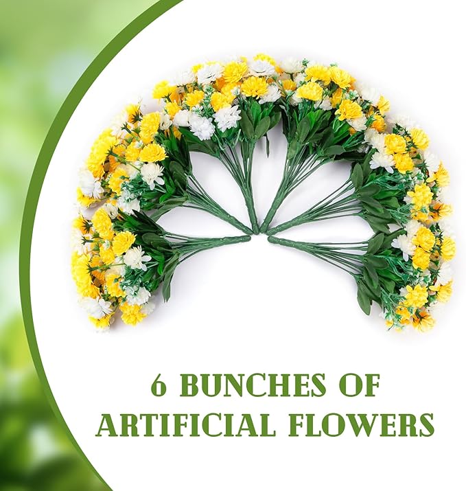 Artificial Flowers for Outdoors Decoration, 6 Bundles Silk Marigold Flower UV Resistant Look Real Faux Plants for Garden Porch Planter Patio Balcony Yard Home Decor (Yellow White)