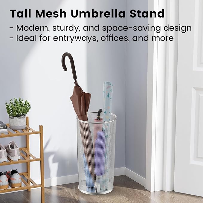 19.5" H Mesh Umbrella Stand - Ventilated Mesh Umbrella Holder for Entryway - Extra Capacity Storage for Umbrellas Canes & More - Freestanding Indoor Organizer 10.4" L x 10.4" W x 19.5" H - 2P Silver