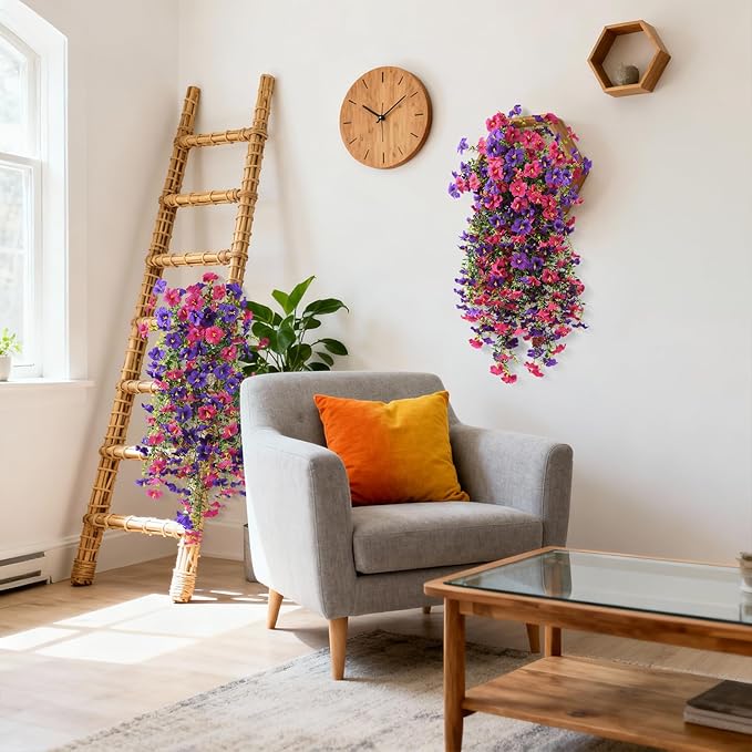 Artificial Hanging Flowers Plants for Outdoor Spring Summer Decoration, 2PCS Faux Silk Morning glory UV Resistant Look Real for Outside Home Indoor Planter Porch Garden Yard Decor(Deep Purple Red)