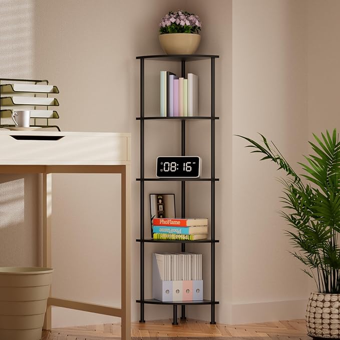 5-Tier Corner Shelf Stand, 52" Industrial Corner Display Rack for Living Room, Bookshelf, Tall Display Shelf, Plant Stand, Storage Standing Shelf for Bedroom, Bathroom, Kitchen, Black