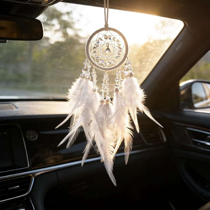 Dream Catcher for car,car Decorations for Women,Feather Dream Catcher Crystal Charm Bling Deco Accessories Hanging Ornaments,Christmas Hanging,Xmas Gift for Girl (White)