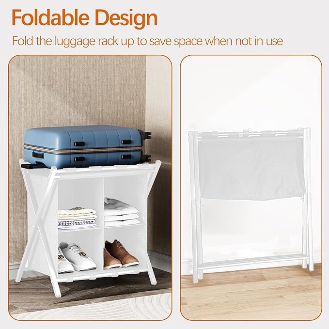 Luggage Rack for Guest Room, Set of 2, Folding Suitcase Stand with Fabric Storage Shelf, Luggage Holder, Steel Foldable Luggage Stand for Guest Room, Bedroom, Hotel, White