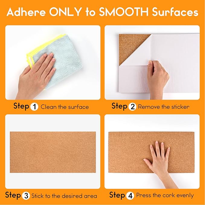 TUPARKA 6 Pack Cork Board Bulletin Boards 17"x8" - 1/4" Self-Adhesive Corkboards for Wall With 100 Push Pins, Square Cork Tiles for Home, School, Office Decorative