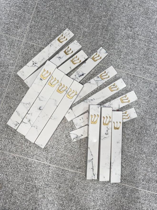 A&S Mezuzot Quartz Mezuzah Case with Engraved Shin Design Easy Peel and Stick Judaica Door Mezuza (White/Grey + GOLD, 6 Inches)