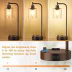 Innqoo Industrial Table Lamps for Bedrooms Set of 2 - Fully Dimmable Bedside Lamps with USB Ports and Outlet, Brown Nightstand Lamps with Glass Shade for Living Room, Desk Lamps for Office Reading