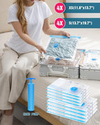 Travel Vacuum Storage Bags with Hand Pump, 8 Pack (4S+4XS) Vacuum Seal Bag Travel Essentials Space Saving Bags for Clothes, Luggage, Carry-on Suitcase, Backpack, Holiday Business Trip