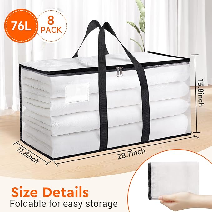 BlissTotes Moving Bags, 76L 8-Pack Storage Bags, Moving Box Heavy Duty Extra Large, Moving Totes with Zipper, Reinforced Handles Boxes for Packaging Moving, Decorative Wreath Storage
