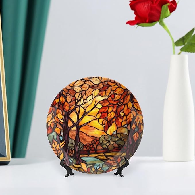 Decorative Plates, Stained Glass Design Fall Tree Landscape Ceramic Dinner Plate Home Wobble-Plate with Display Stand, Autumn Wall Hanging Decor for Living Dining Room Kitchen Household 6 Inch